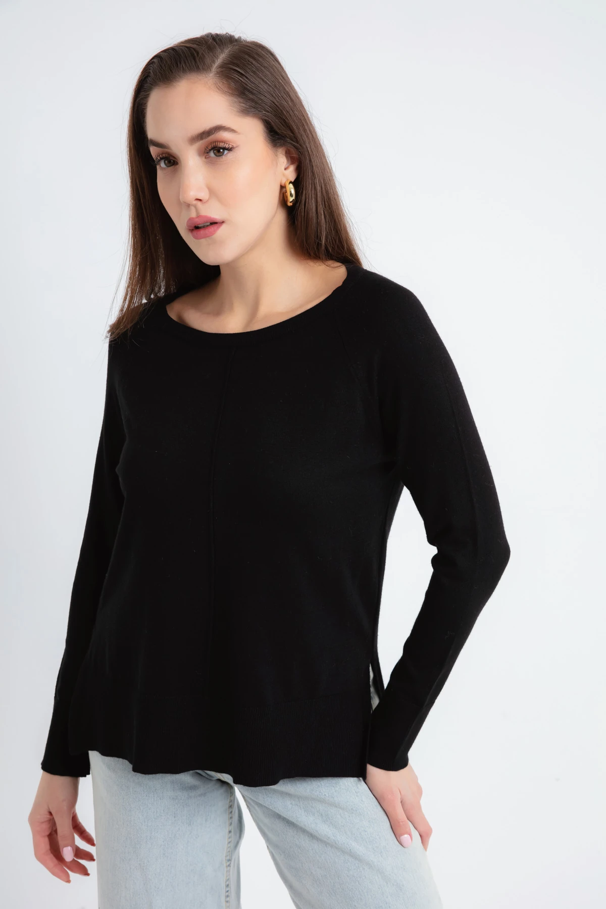Kadın Kayık Yaka Yanları Yırtmaçlı Triko Kazak - Siyah