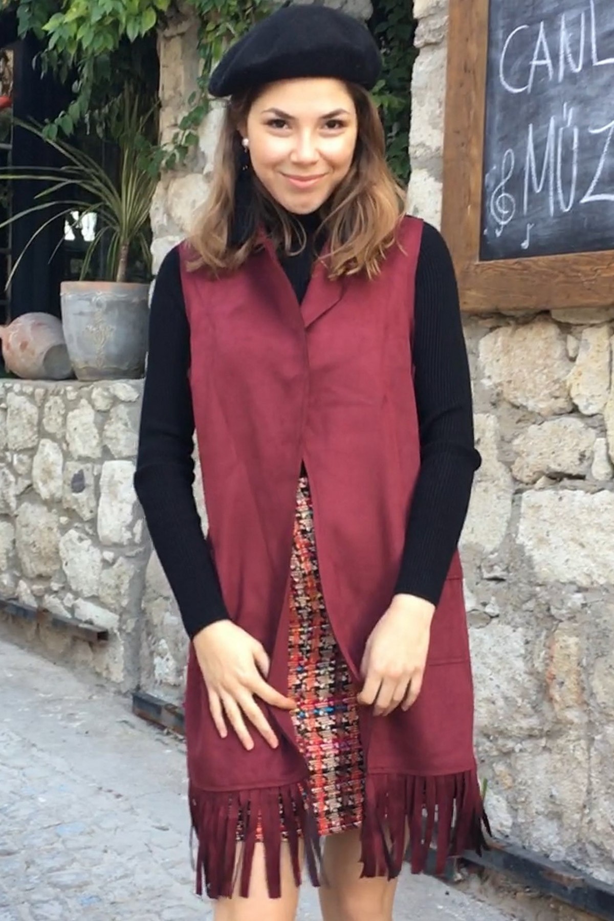 Kadın Süet Püsküllü Yelek