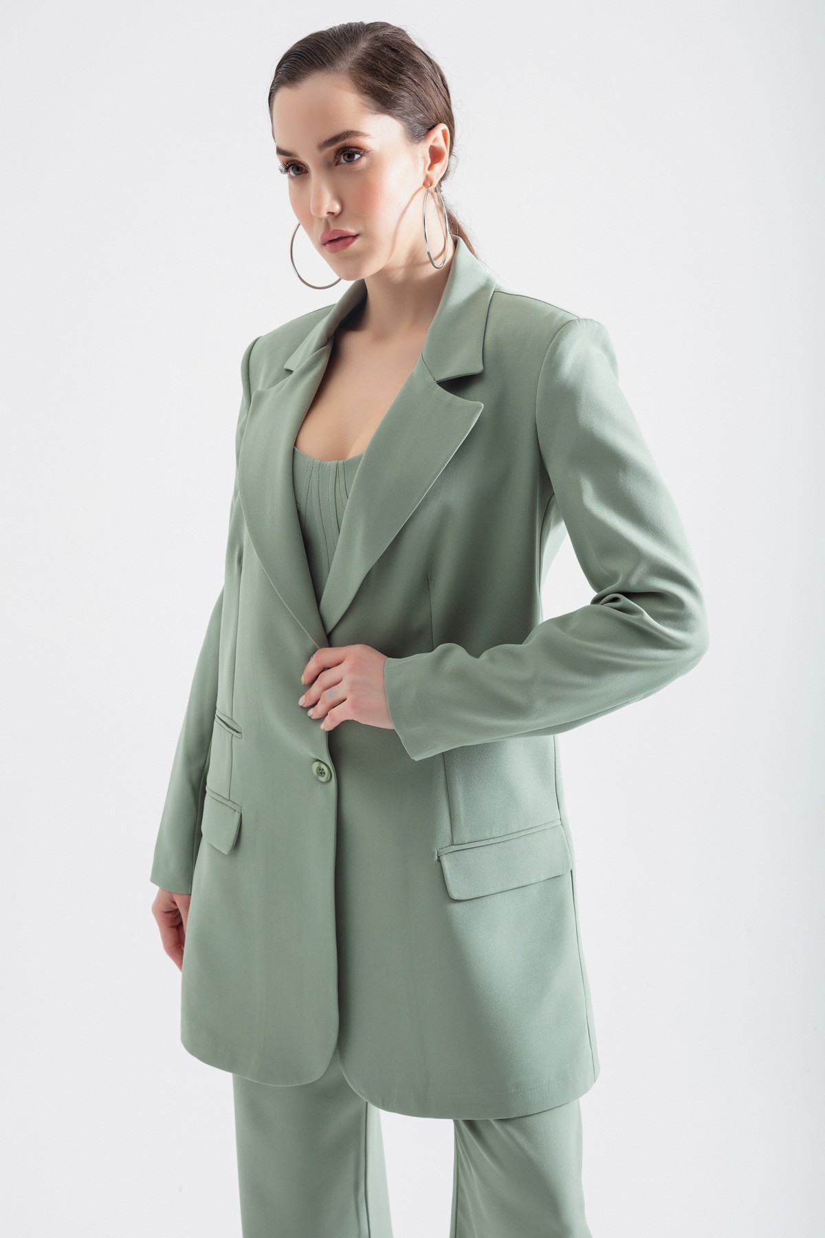 Kadın Düğmeli Blazer Ceket - Mint Yeşili