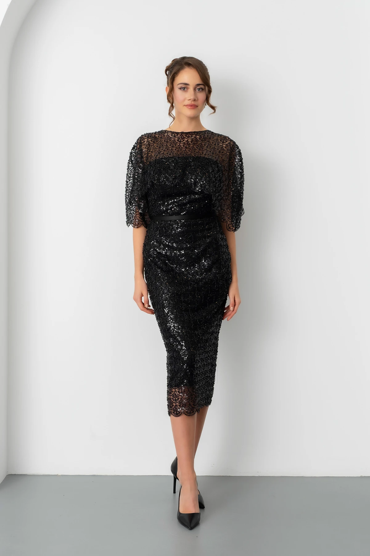 Kadın Bolero Detay Boncuklu Midi Söz Nişan Abiye Elbise - Siyah