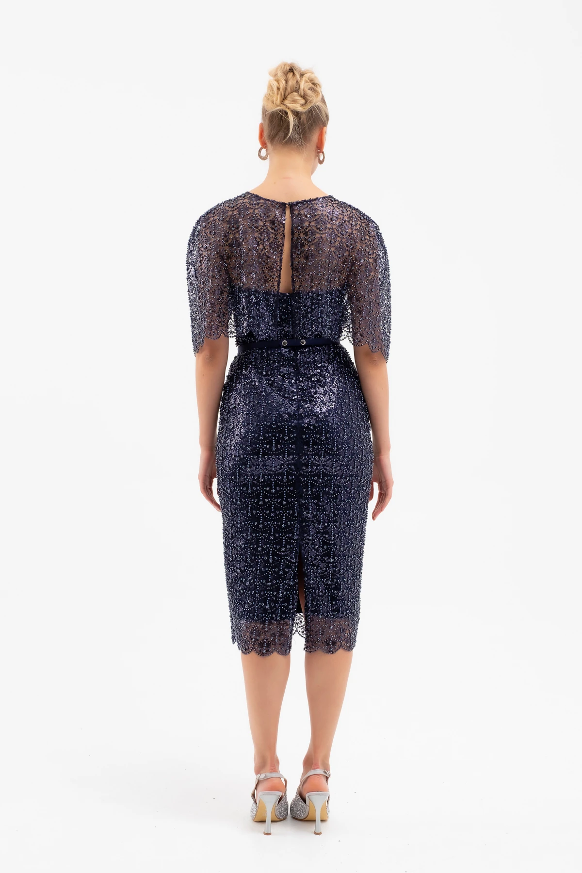 Kadın Bolero Detay Boncuklu Midi Söz Nişan Abiye Elbise - Lacivert