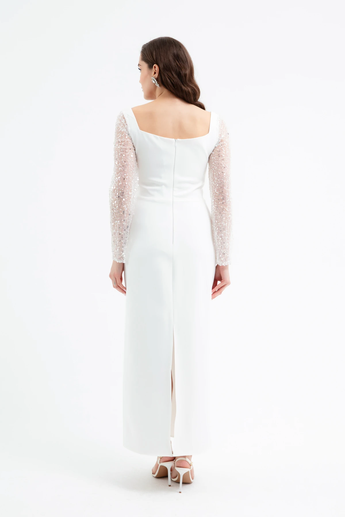 Kadın Kalp Yaka Kolları Payetli Midi Söz Nişan Nikah Abiye Elbise - Beyaz