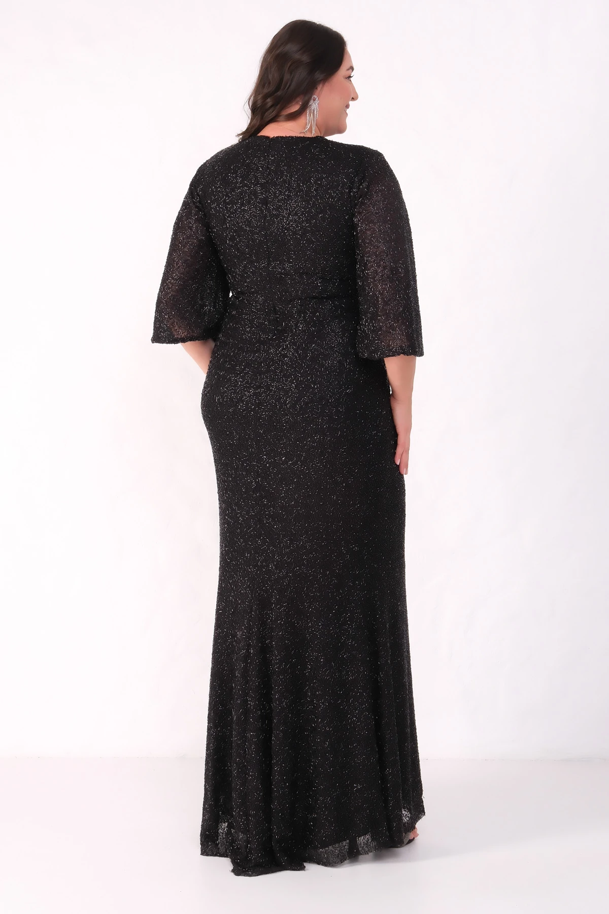 Kadın V Yaka Boncuklu Büyük Beden Abiye Elbise - Siyah