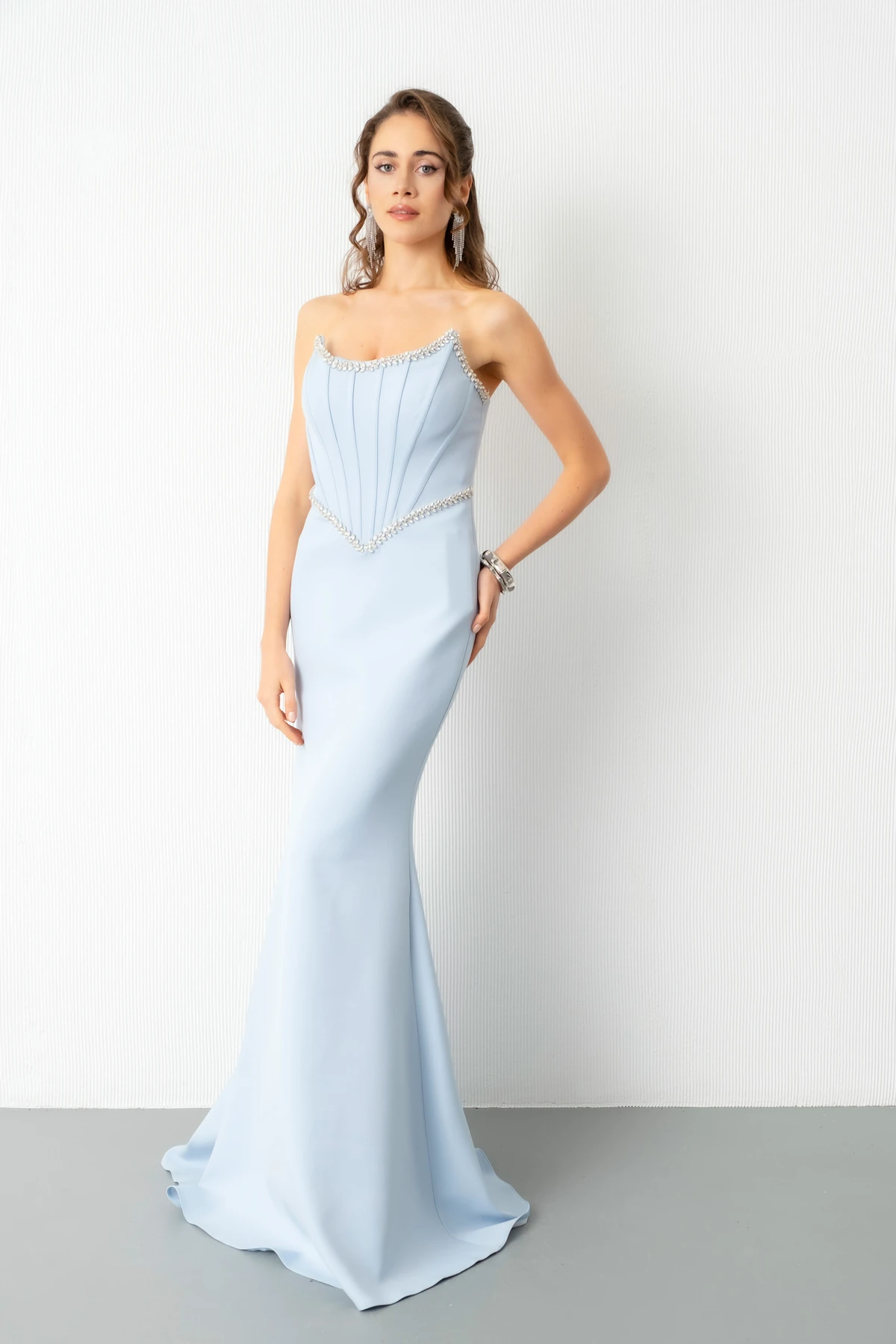 Kadın Straplez Taşlı Peplum Kesim Söz Nişan Nikah Abiye Elbise - Bebe Mavi