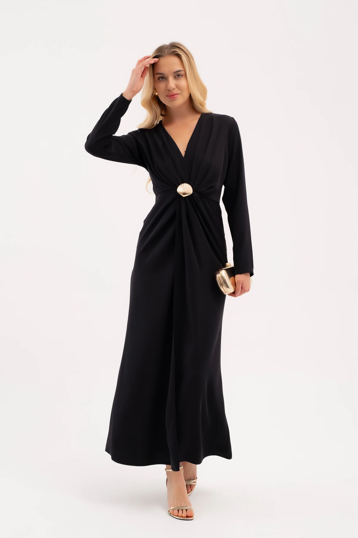 Kadın İstiridye Aksesuarlı Uzun Kol Elbise - Lacivert