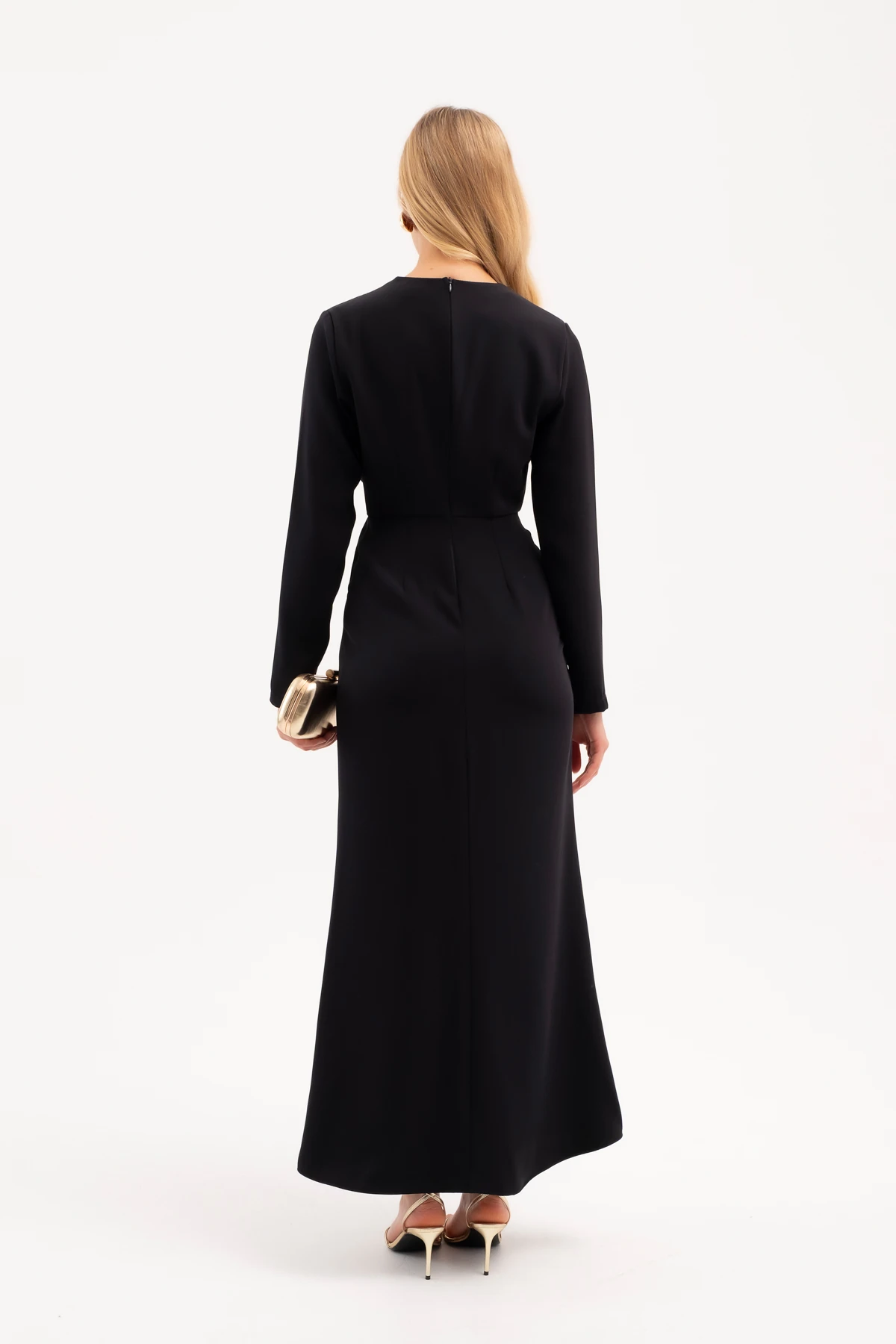 Kadın İstiridye Aksesuarlı Uzun Kol Elbise - Lacivert