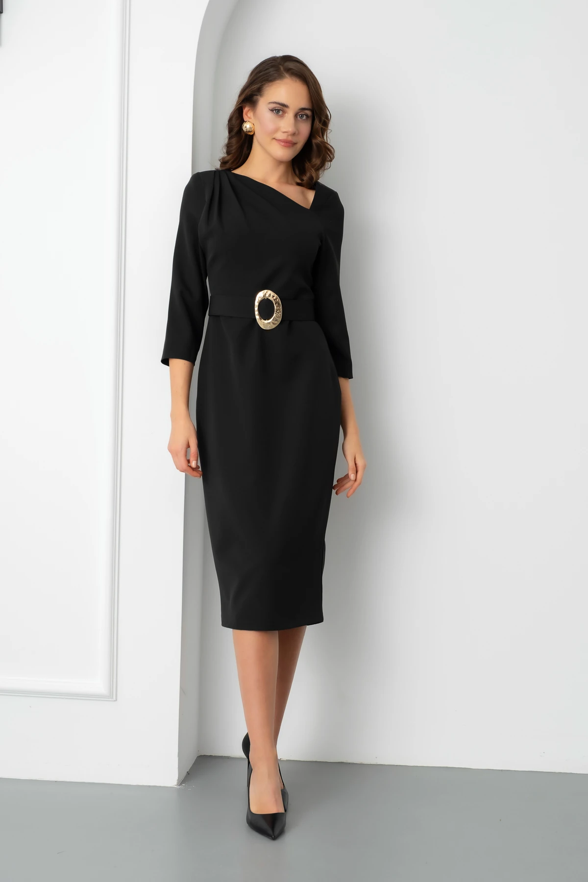 Kadın Kemer Detay Midi Davet Elbisesi - Siyah