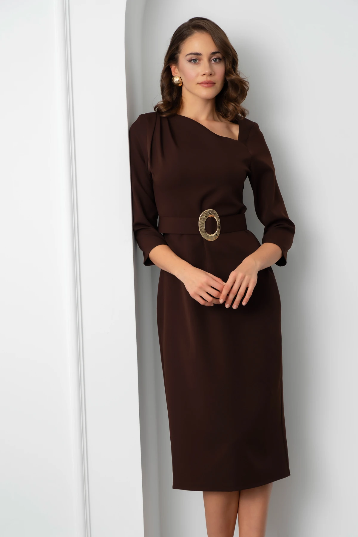 Kadın Kemer Detay Midi Davet Elbisesi - Kahverengi