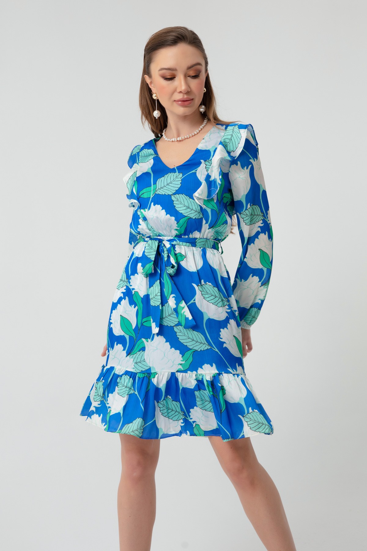 Kadın Çiçek Desenli Elbise - Mavi