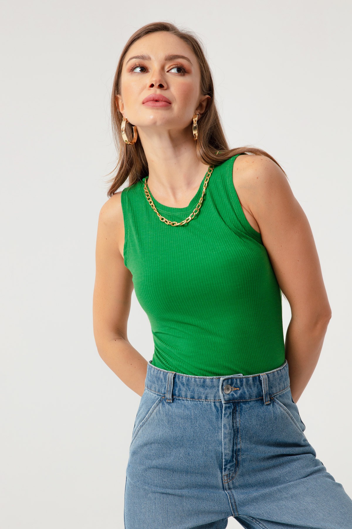 Kadın Zincir Kolyeli Örme Bluz - Yeşil