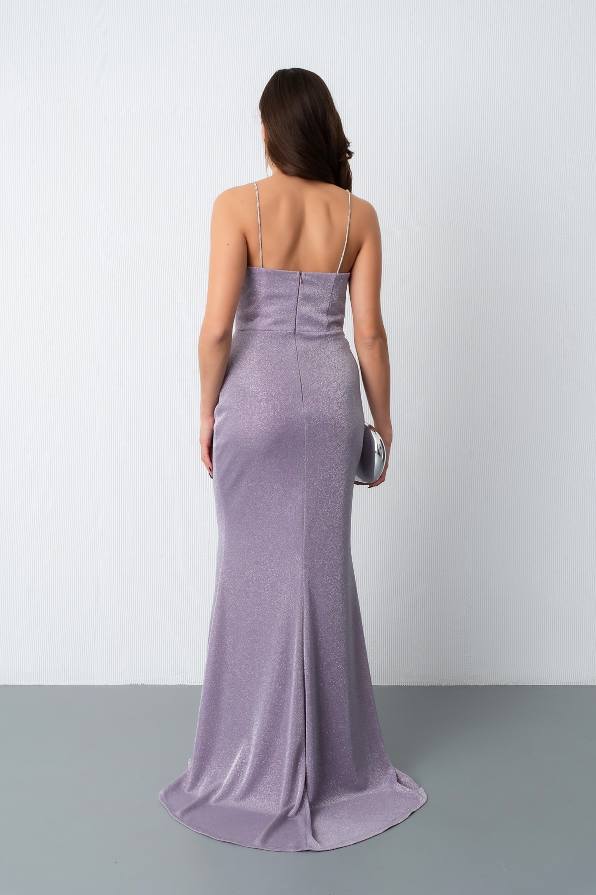 Kadın Askılı Simli Örme Abiye Elbise - Lavanta