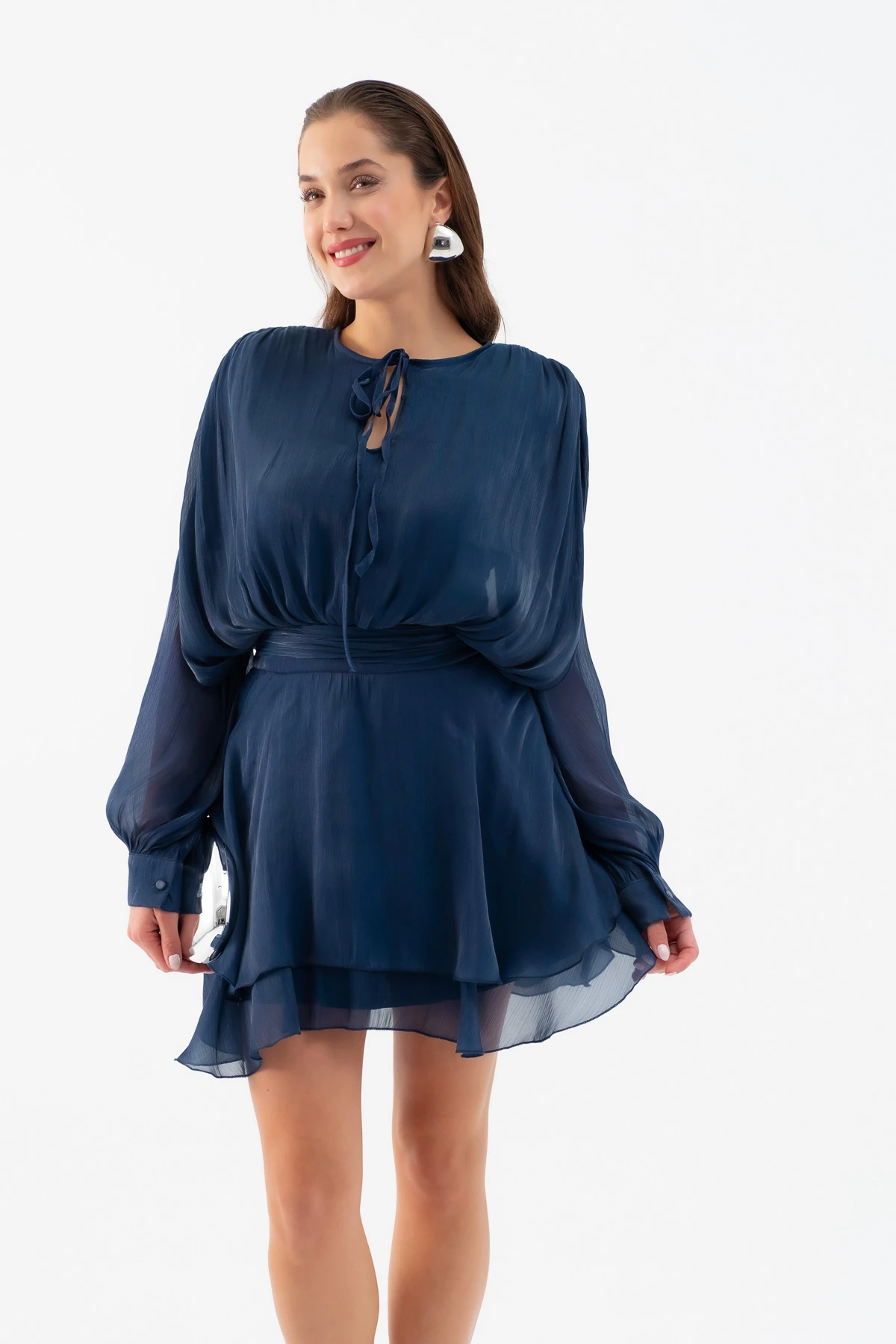 Kadın Fırfırlı Mini Elbise - Lacivert