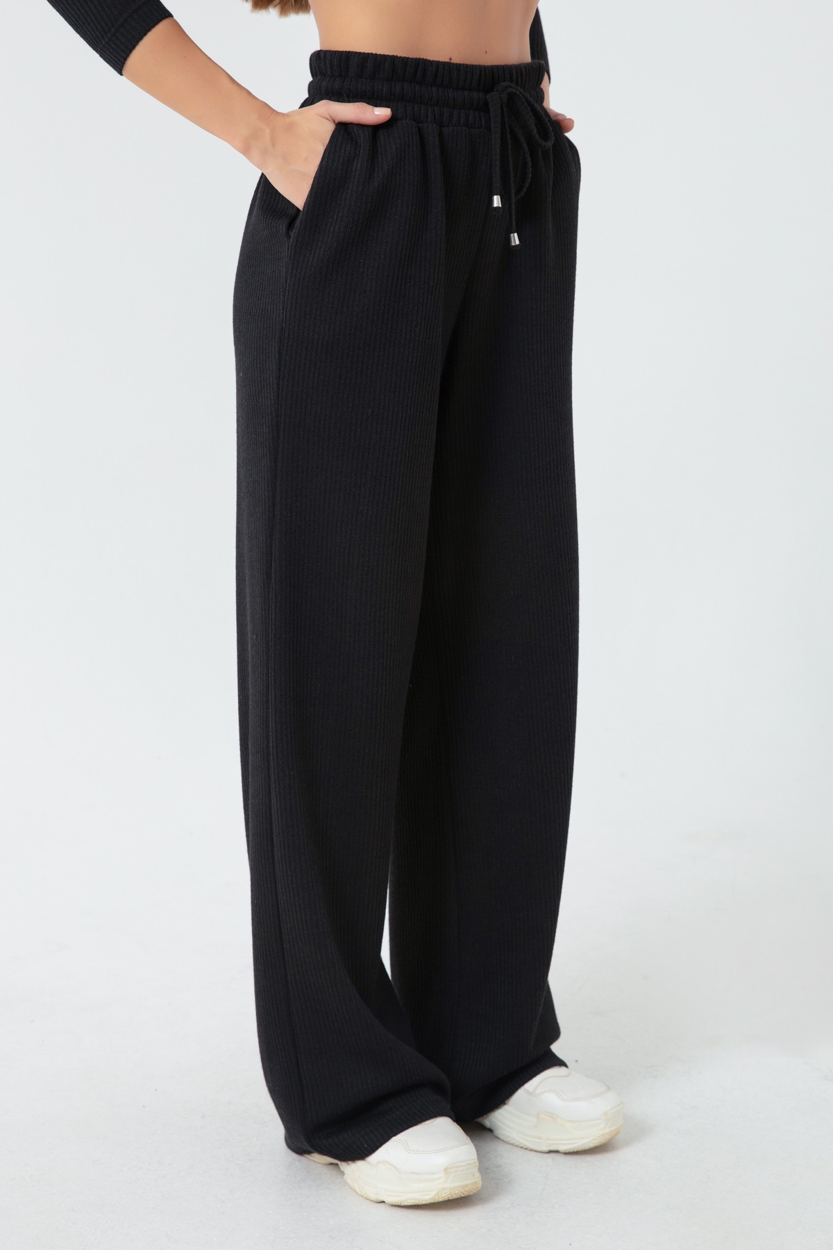 Kadın Beli Lastikli Örme Pantolon - Siyah