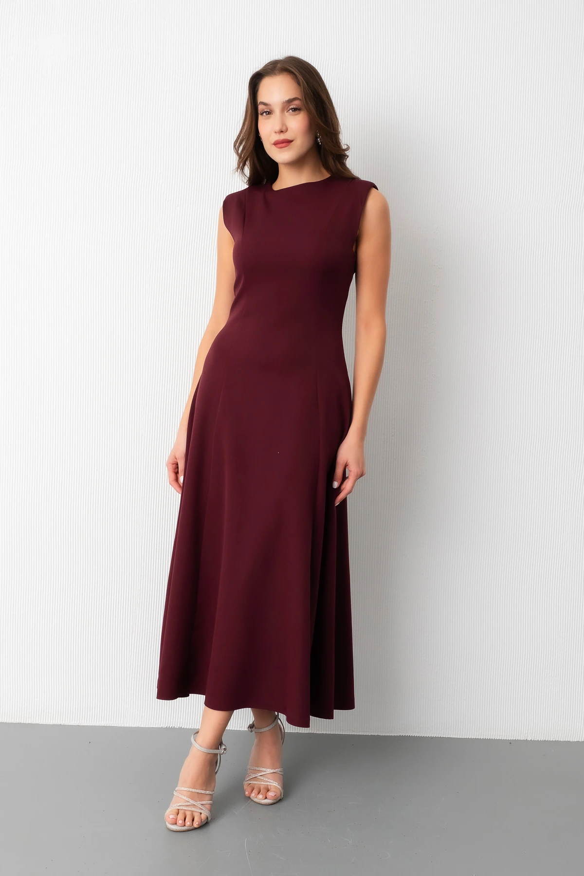 Kadın Vatkalı Midi Davet Elbisesi - Mürdüm