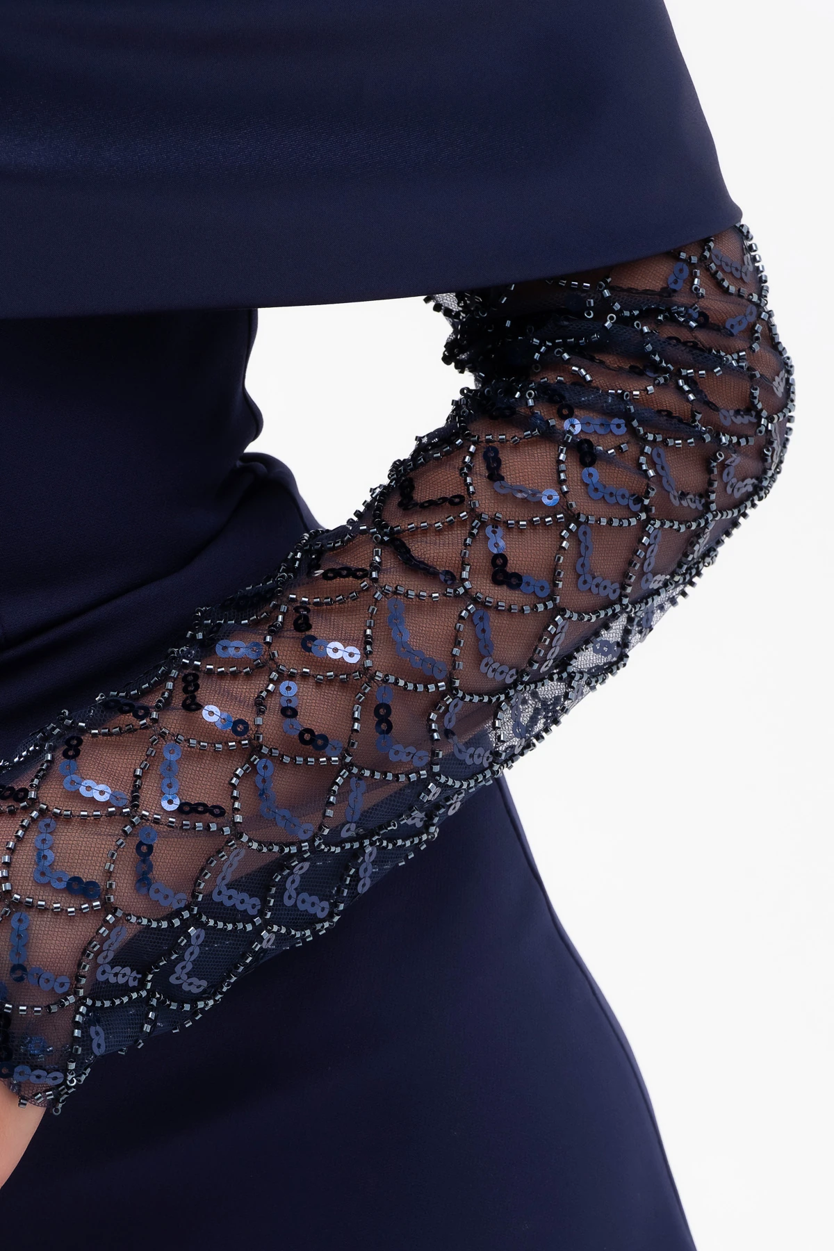 Kadın Kol Detaylı Fiyonklu Söz Nişan Nikah Abiye Elbise - Lacivert