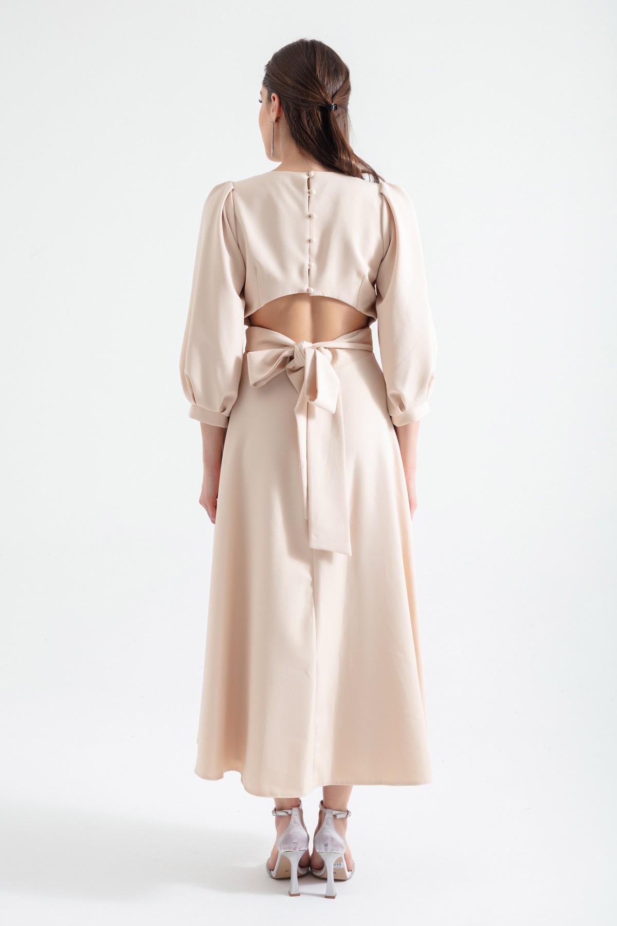 Kadın Sırt Detaylı Midi Elbise - Bej