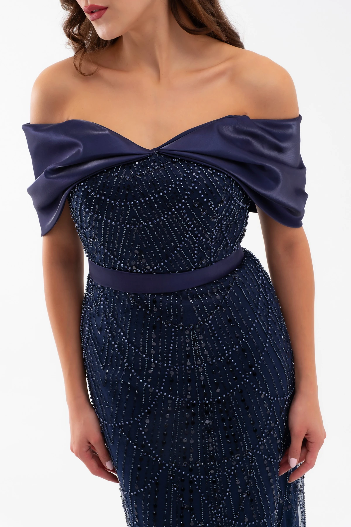 Kadın Kayık Yaka Midi Boncuklu Abiye Elbise - Lacivert