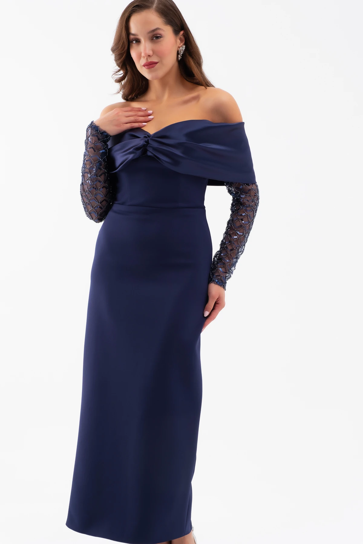 Kadın Kol Detaylı Fiyonklu Söz Nişan Nikah Abiye Elbise - Lacivert