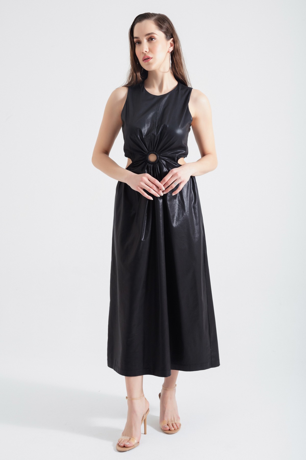 Kadın Bel Dekolteli Parlak Kumaş Dokulu Midi Elbise - Siyah