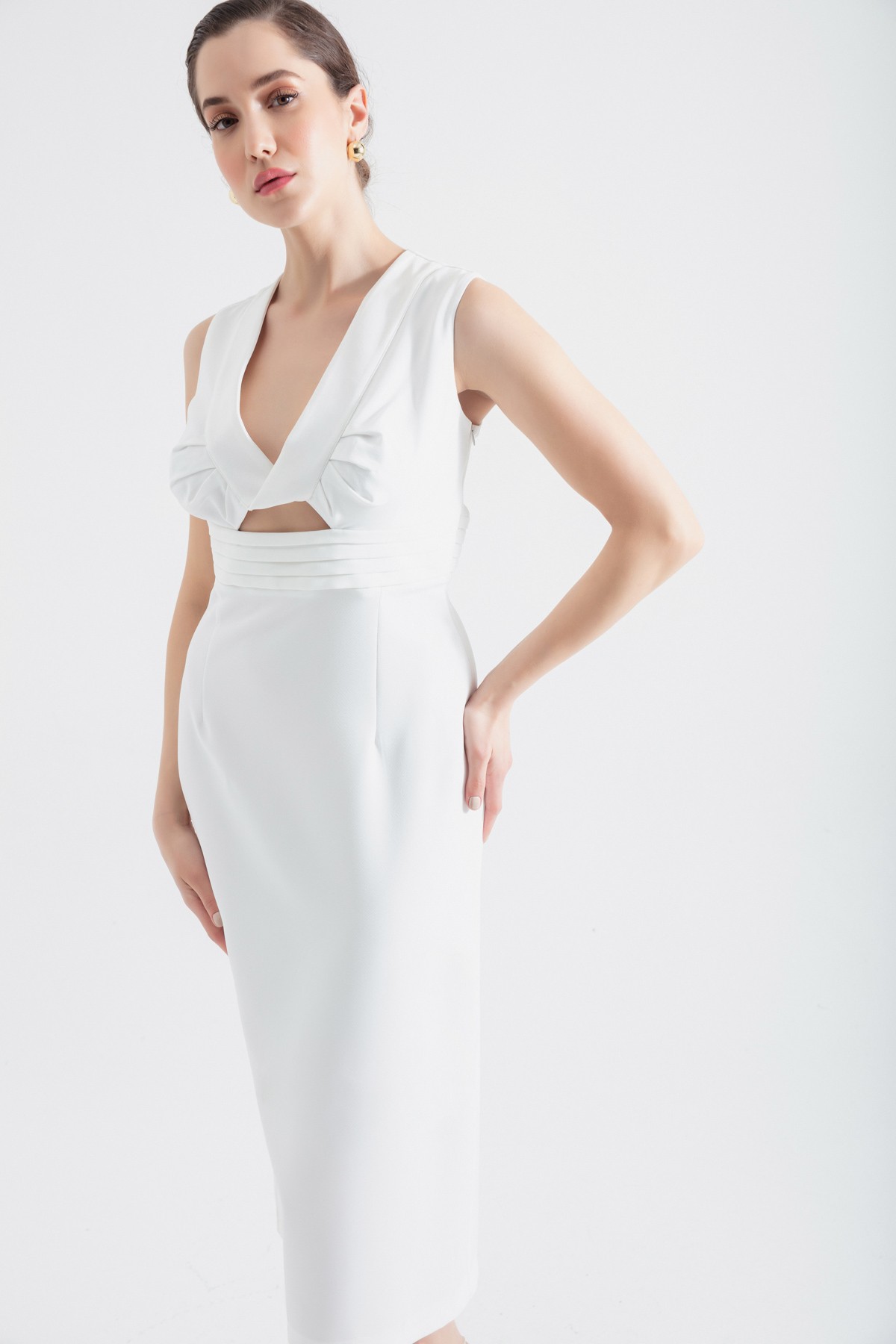 Kadın V Yaka Bel Dekolteli Midi Elbise - Beyaz