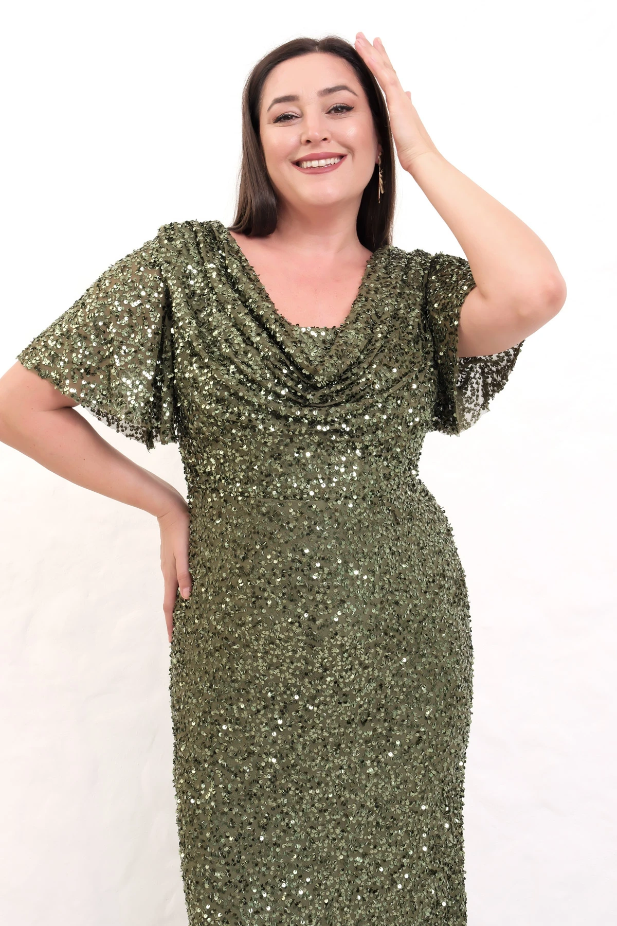 Kadın Degaje Yaka Pul Payet Büyük Beden Uzun Abiye Elbise - Haki