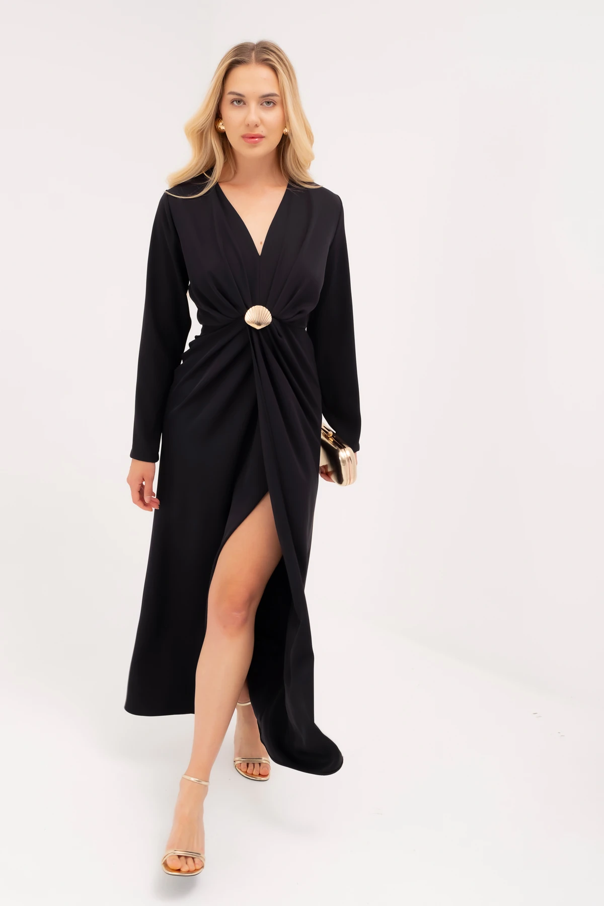 Kadın İstiridye Aksesuarlı Uzun Kol Elbise - Lacivert