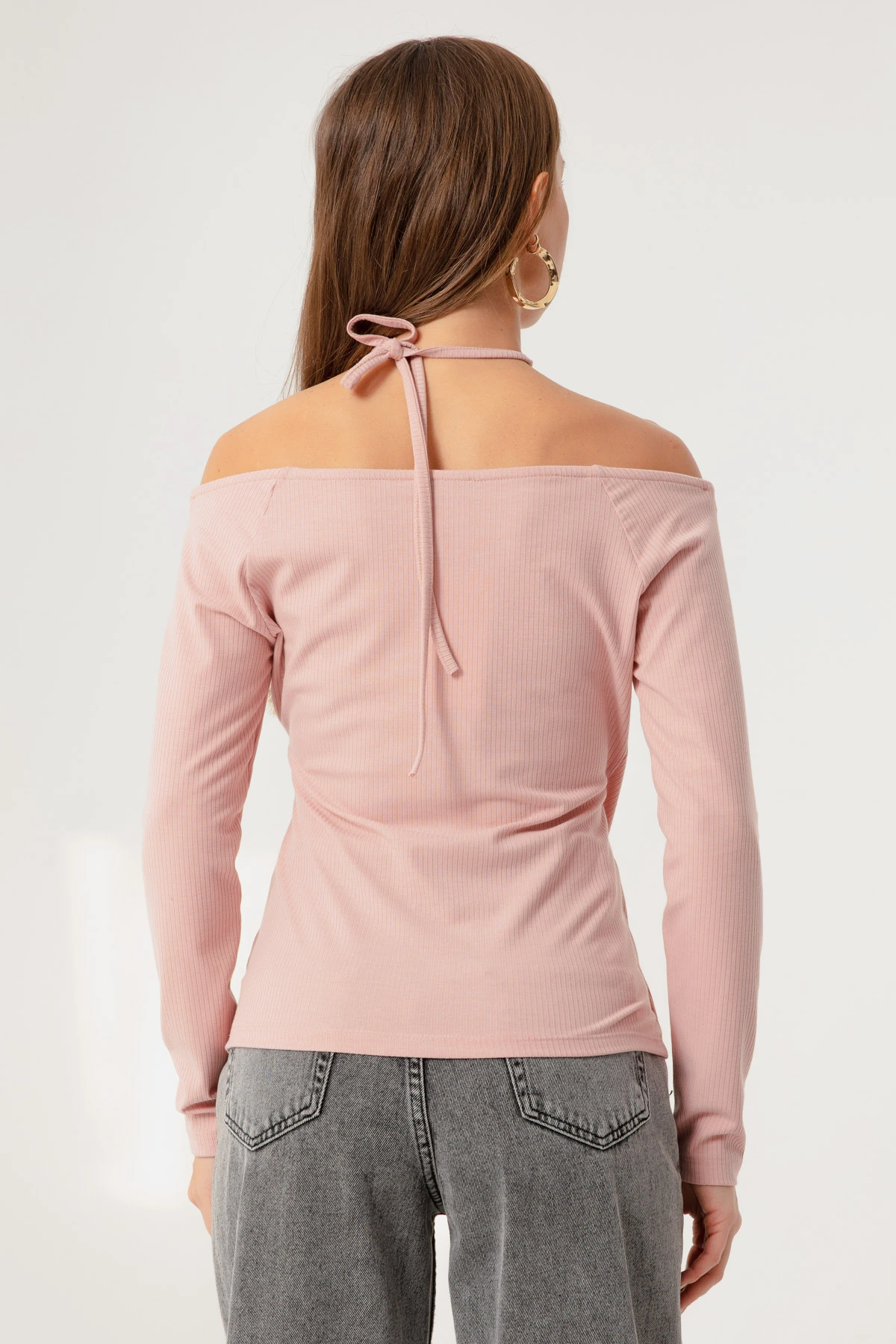 Kadın Bağlamalı Örme Bluz - Pudra
