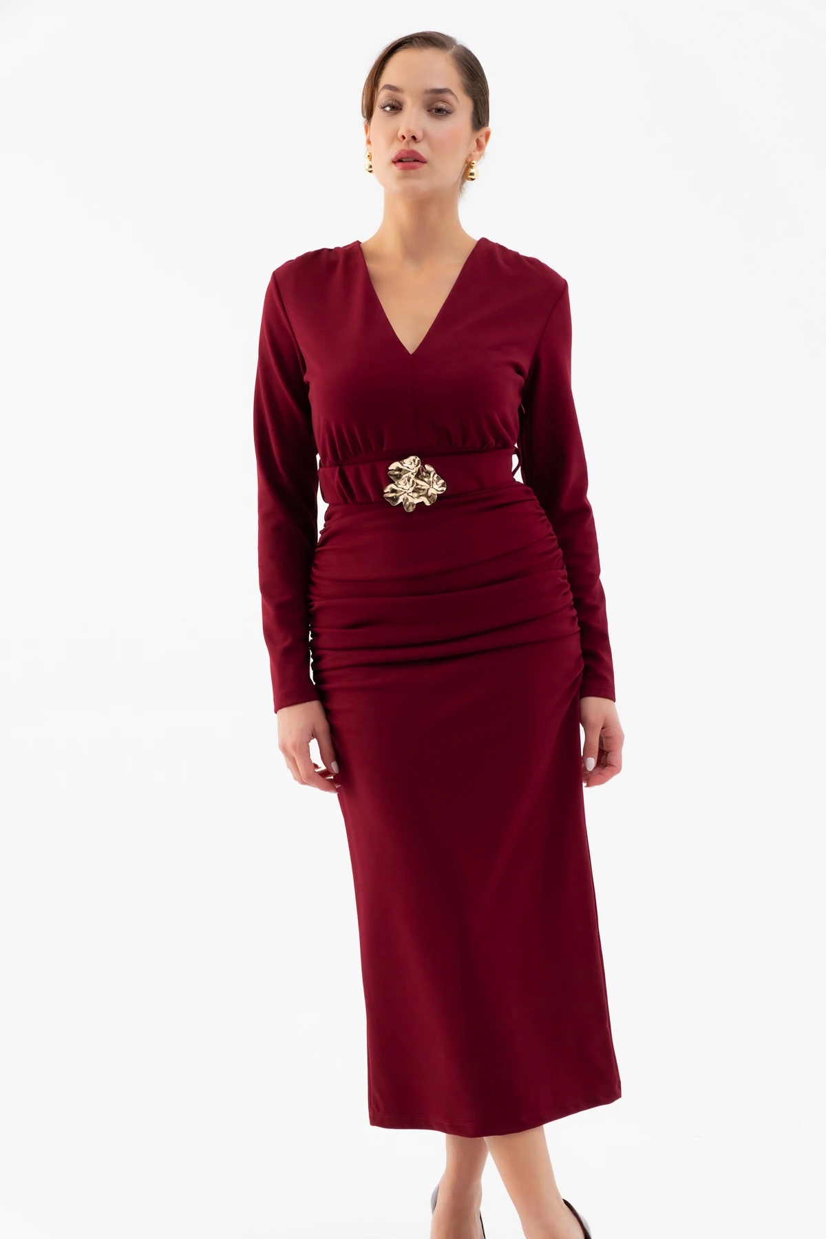 Kadın Kemerli Büzgü Detay Uzun Elbise - Bordo