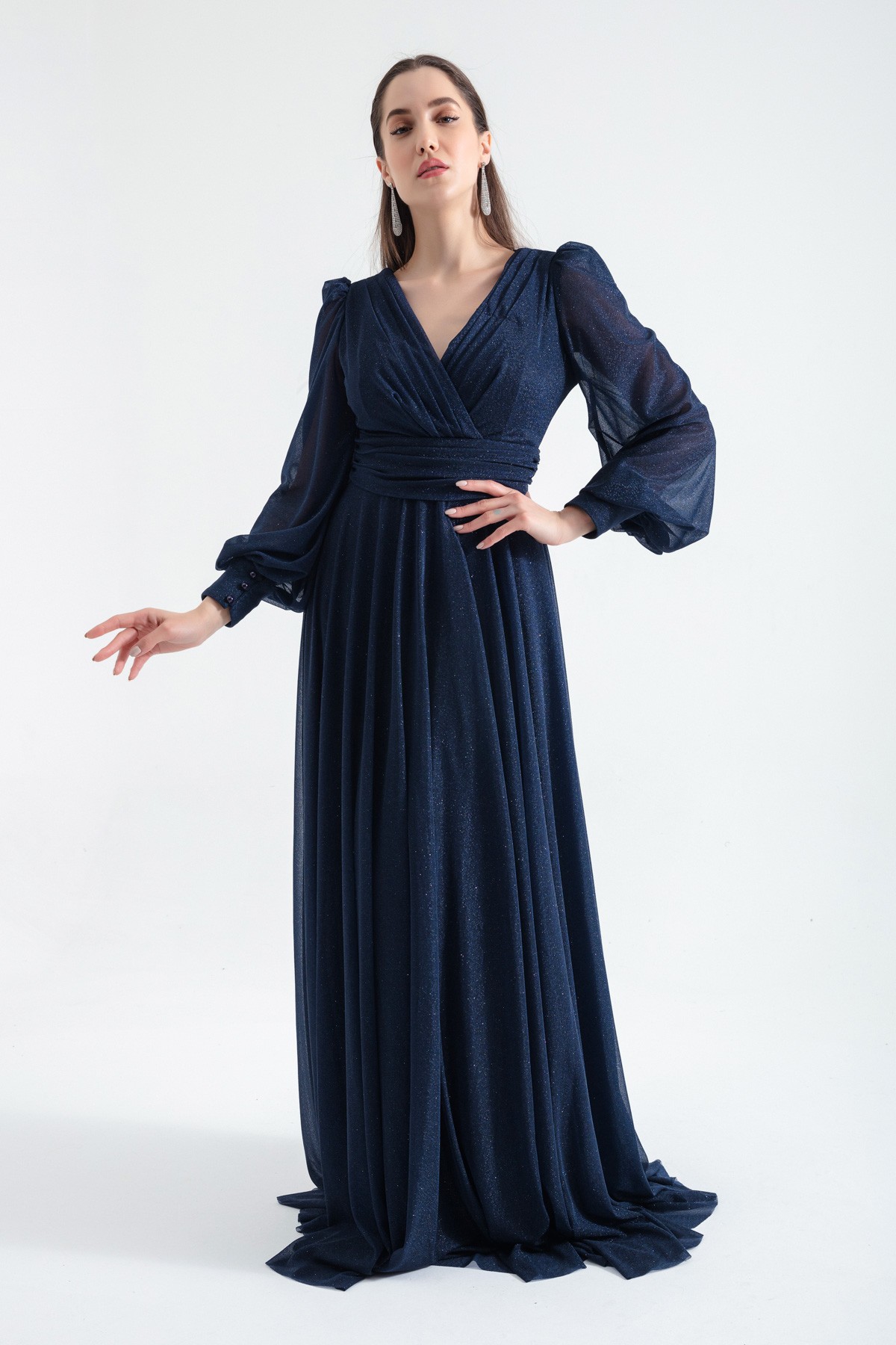 Kadın V Yaka Simli Uzun Abiye Elbise - Lacivert