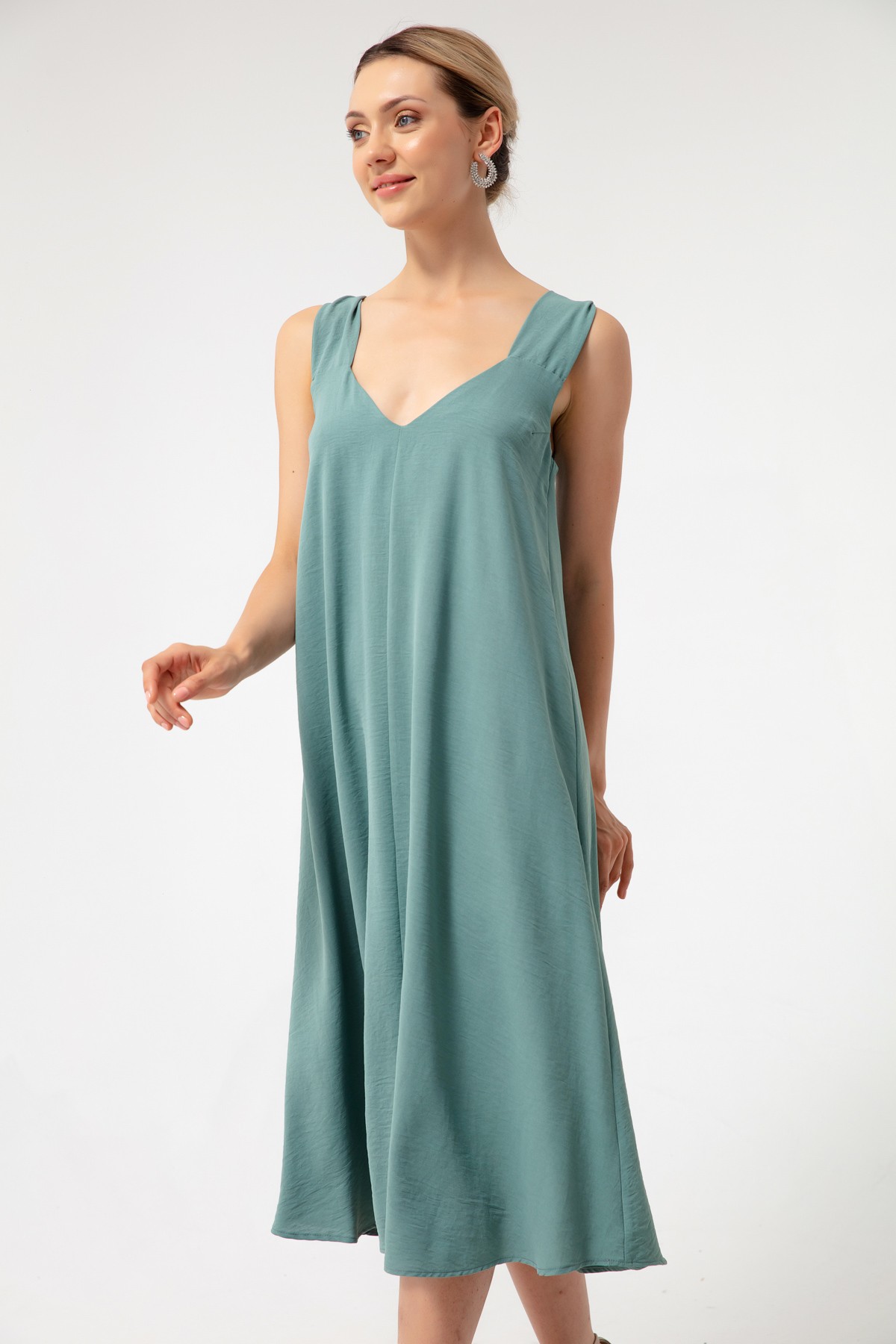 Kadın Kloş Kesim Midi Keten Elbise - Mint Yeşili