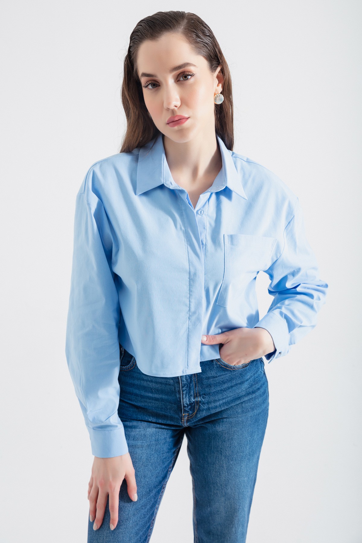 Kadın Tek Cepli Crop Gömlek - Bebe Mavi