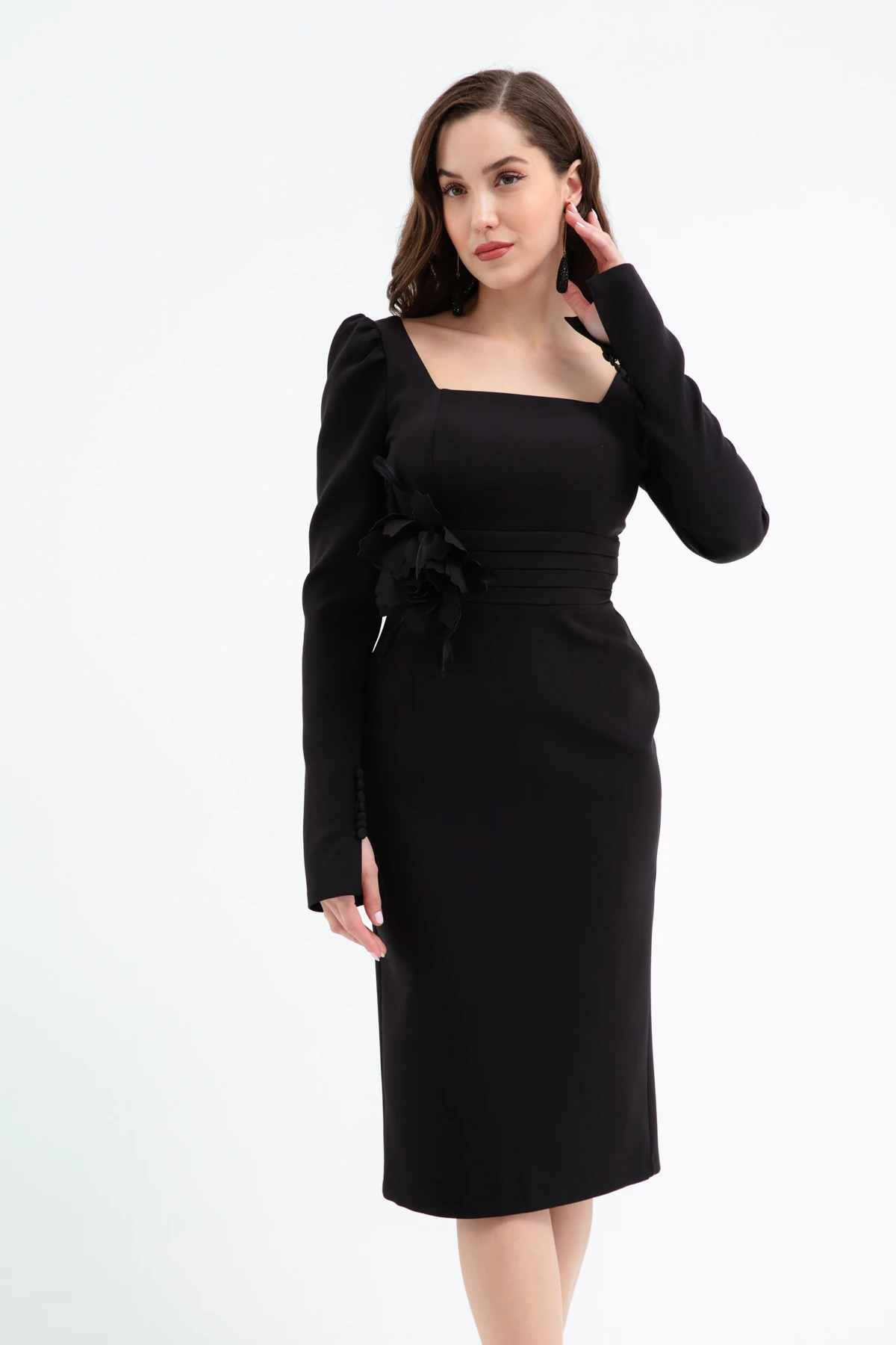 Kadın Gül Detaylı Uzun Kol Söz Nişan Nikah Abiye Elbise - Siyah