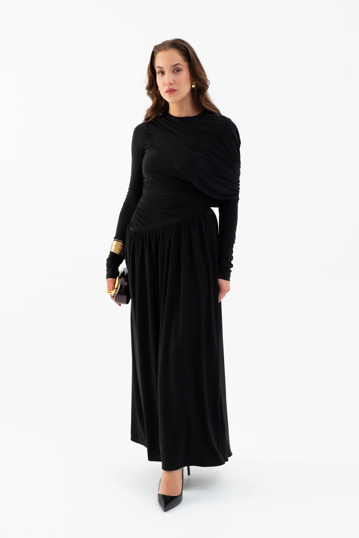 Kadın Omuz Parçalı Çapraz Büzgülü Uzun Elbise - Siyah