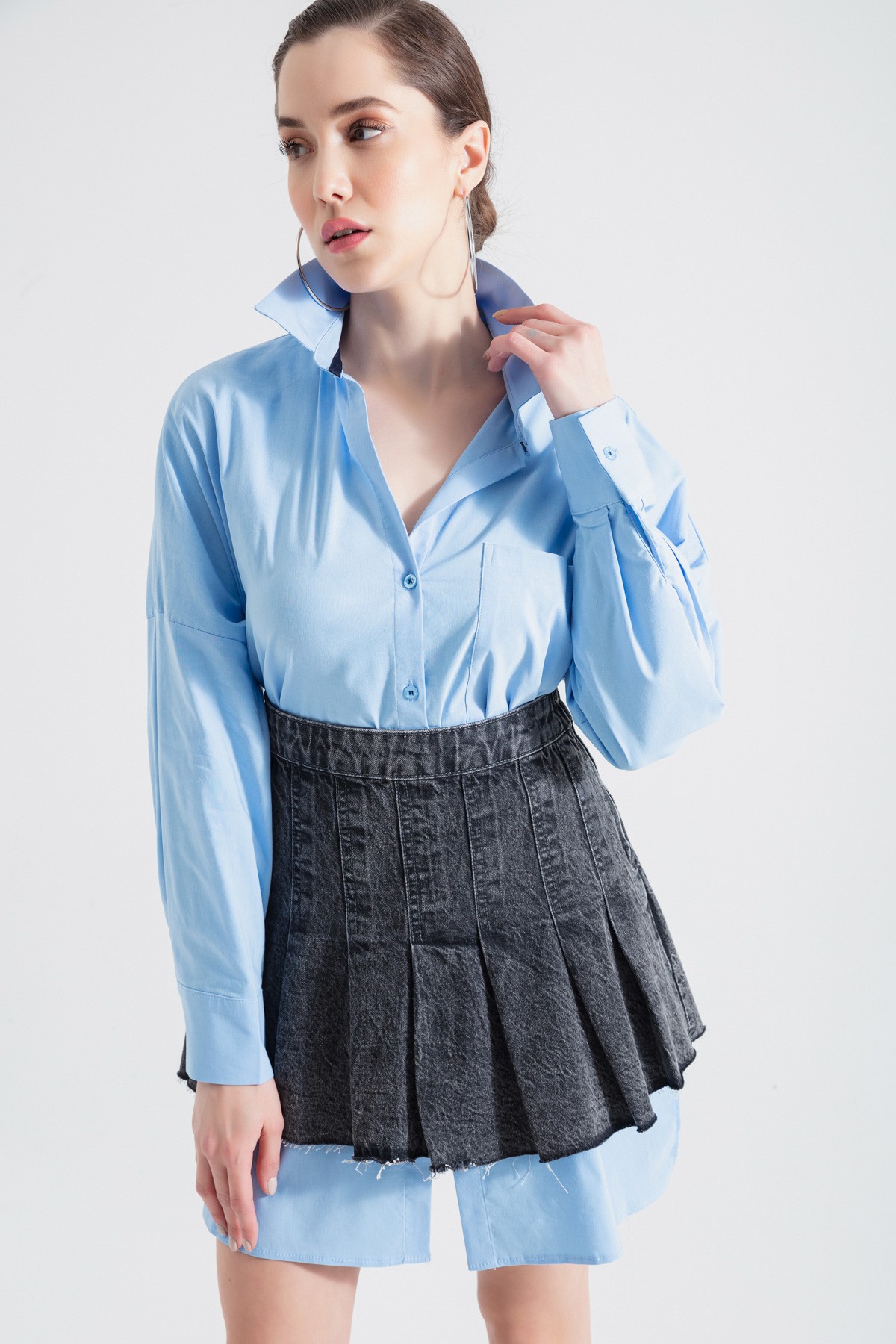 Kadın Oversize Tunik Gömlek - Mavi