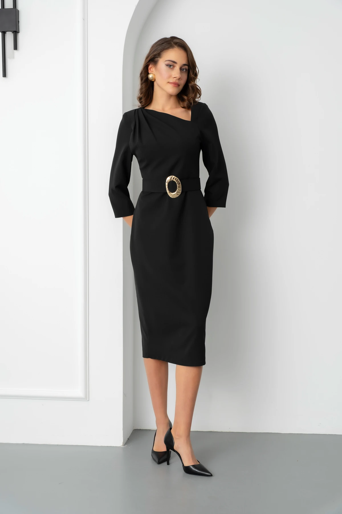 Kadın Kemer Detay Midi Davet Elbisesi - Siyah
