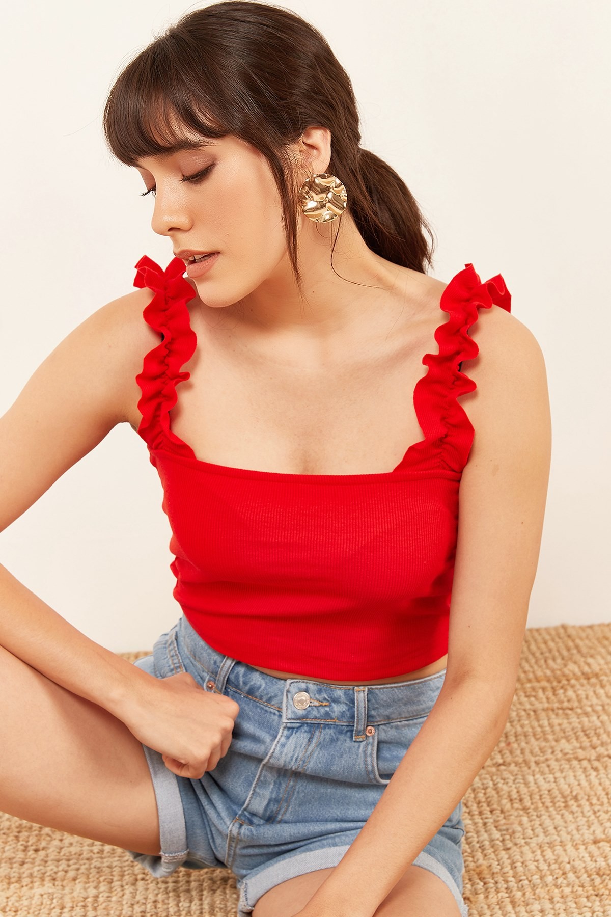 Kadın Askıları Fırfırlı Crop Top