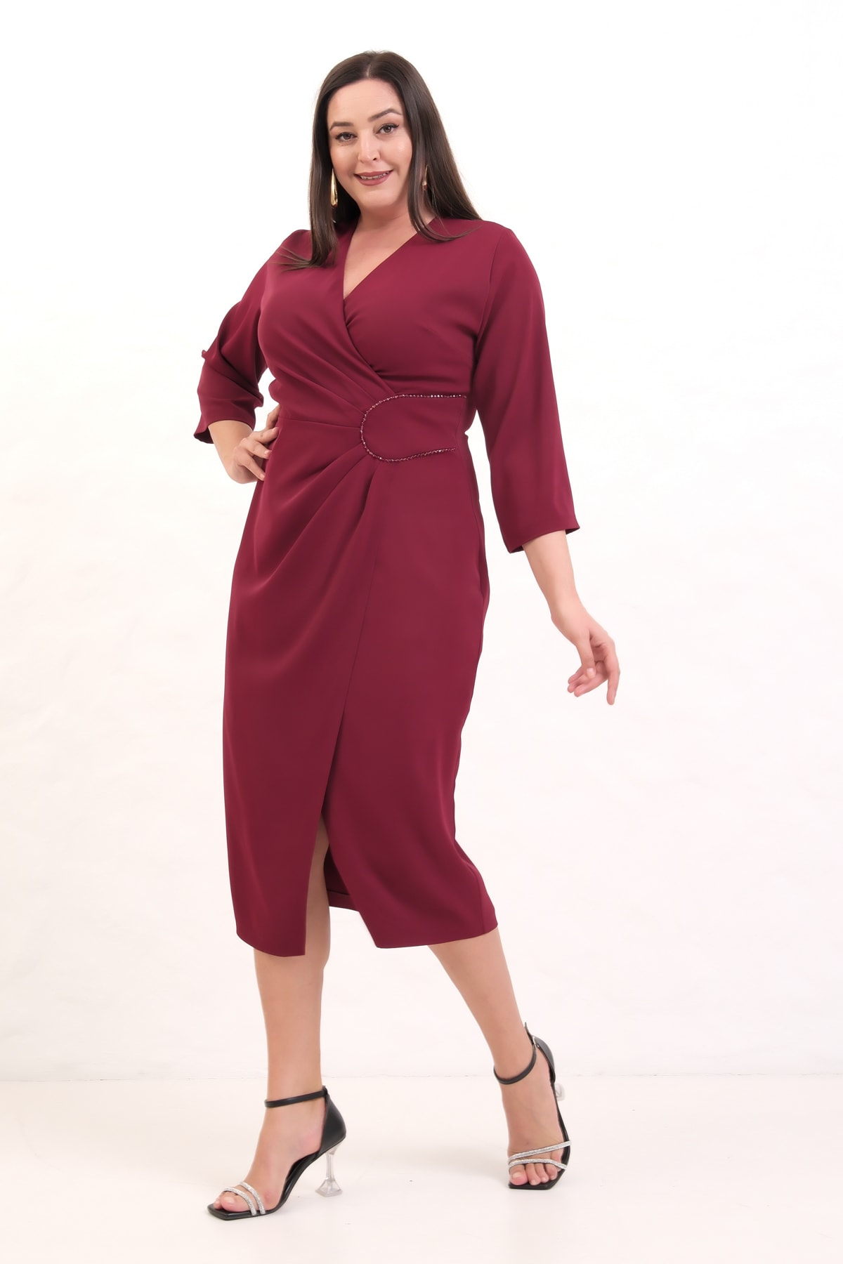 Kadın Kruvaze Yaka Boncuk İşlemeli Büyük Beden Midi Elbise