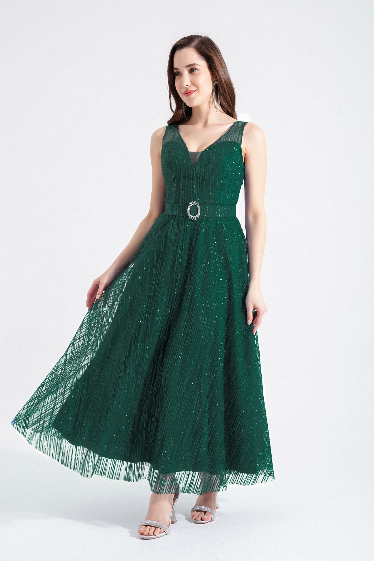 Kadın V Yaka Simli Midi Abiye Elbise - Zümrüt Yeşili