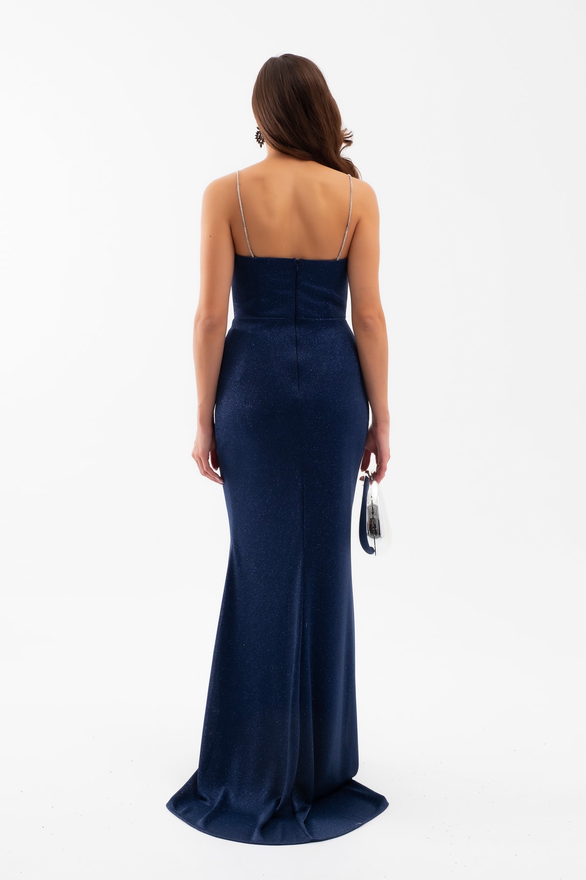 Kadın Askılı Simli Örme Abiye Elbise - Lacivert