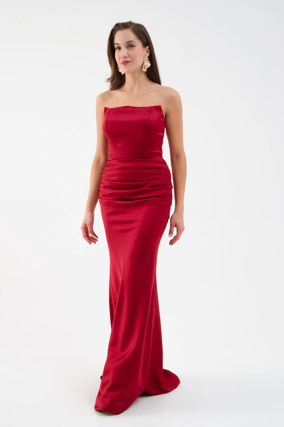 Kadın Straplez Uzun Saten Söz Nişan Abiye Elbise - Bordo