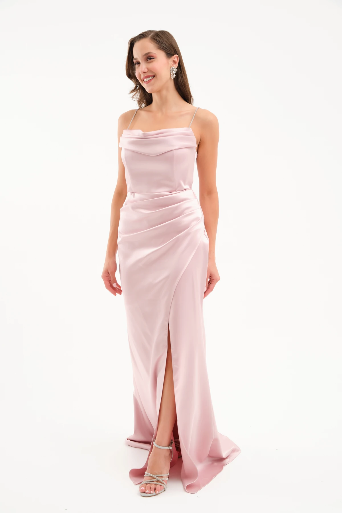 Kadın Taş Askılı Uzun Söz Nişan Abiye Elbise - Pudra