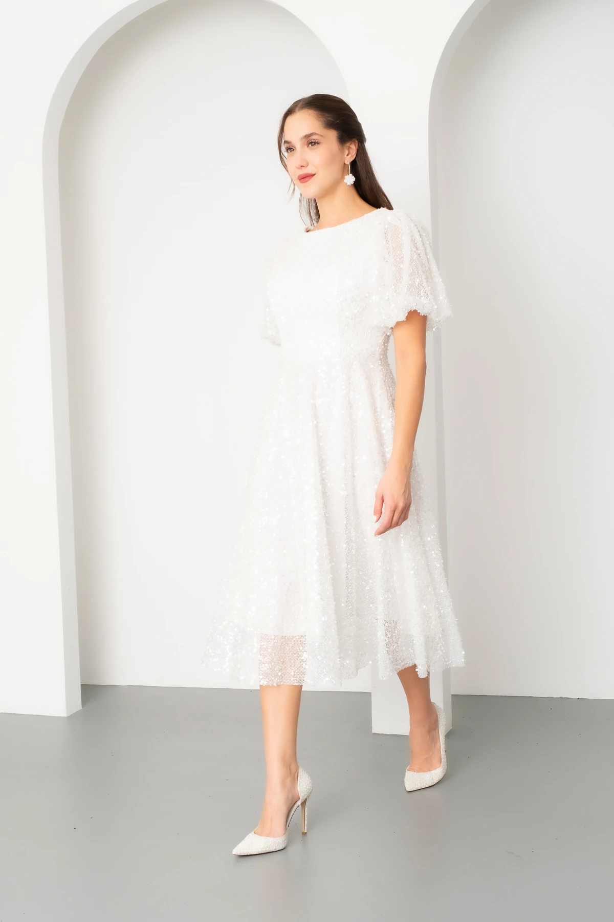 Kadın Balon Kol Pul Payet Midi Abiye Elbise - Beyaz