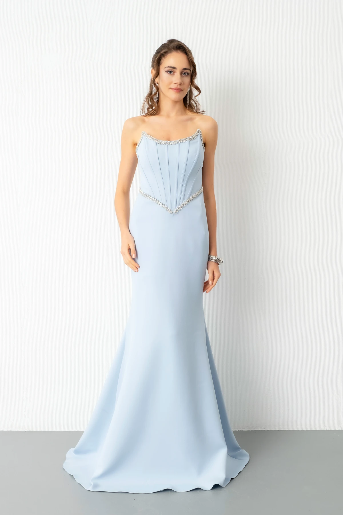 Kadın Straplez Taşlı Peplum Kesim Söz Nişan Nikah Abiye Elbise - Bebe Mavi