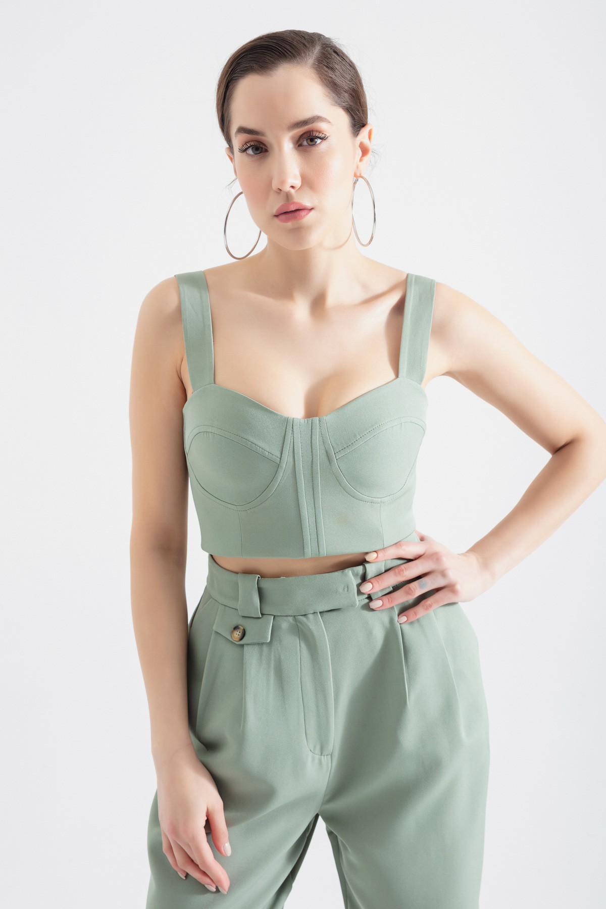 Kadın Kalın Askılı Crop Bluz - Mint Yeşili