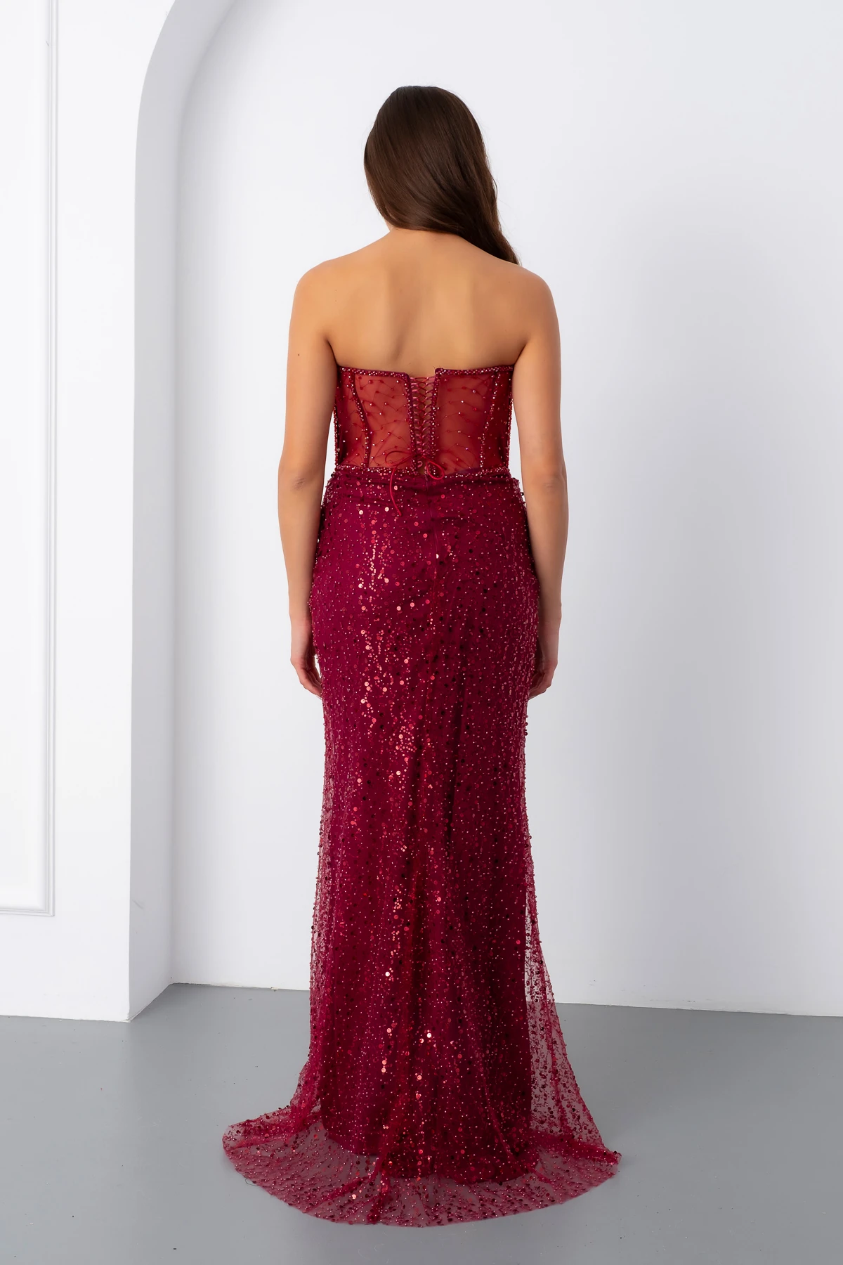 Kadın Straplez Taşlı Balık Abiye Elbise