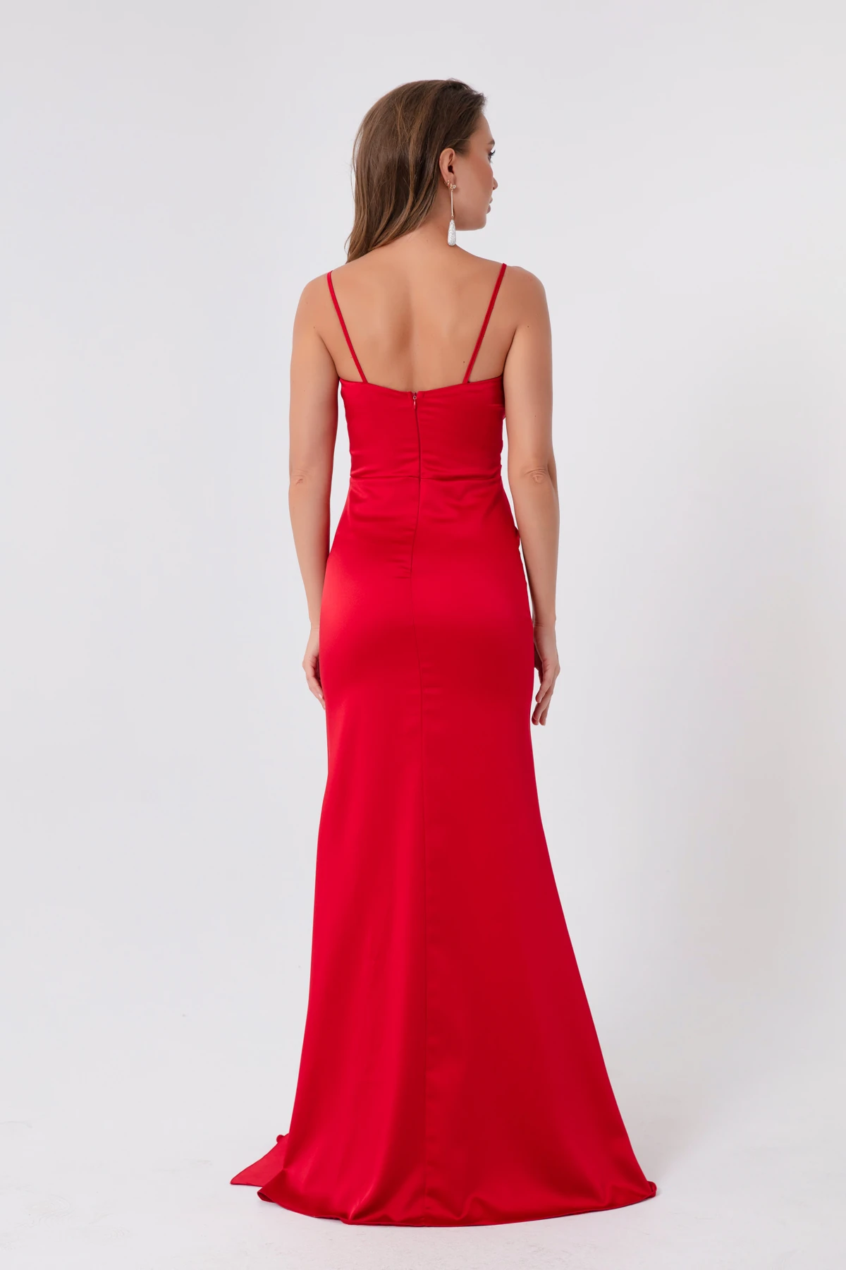 Kadın Askılı Uzun Saten Abiye Elbise & Mezuniyet Elbisesi - Kırmızı