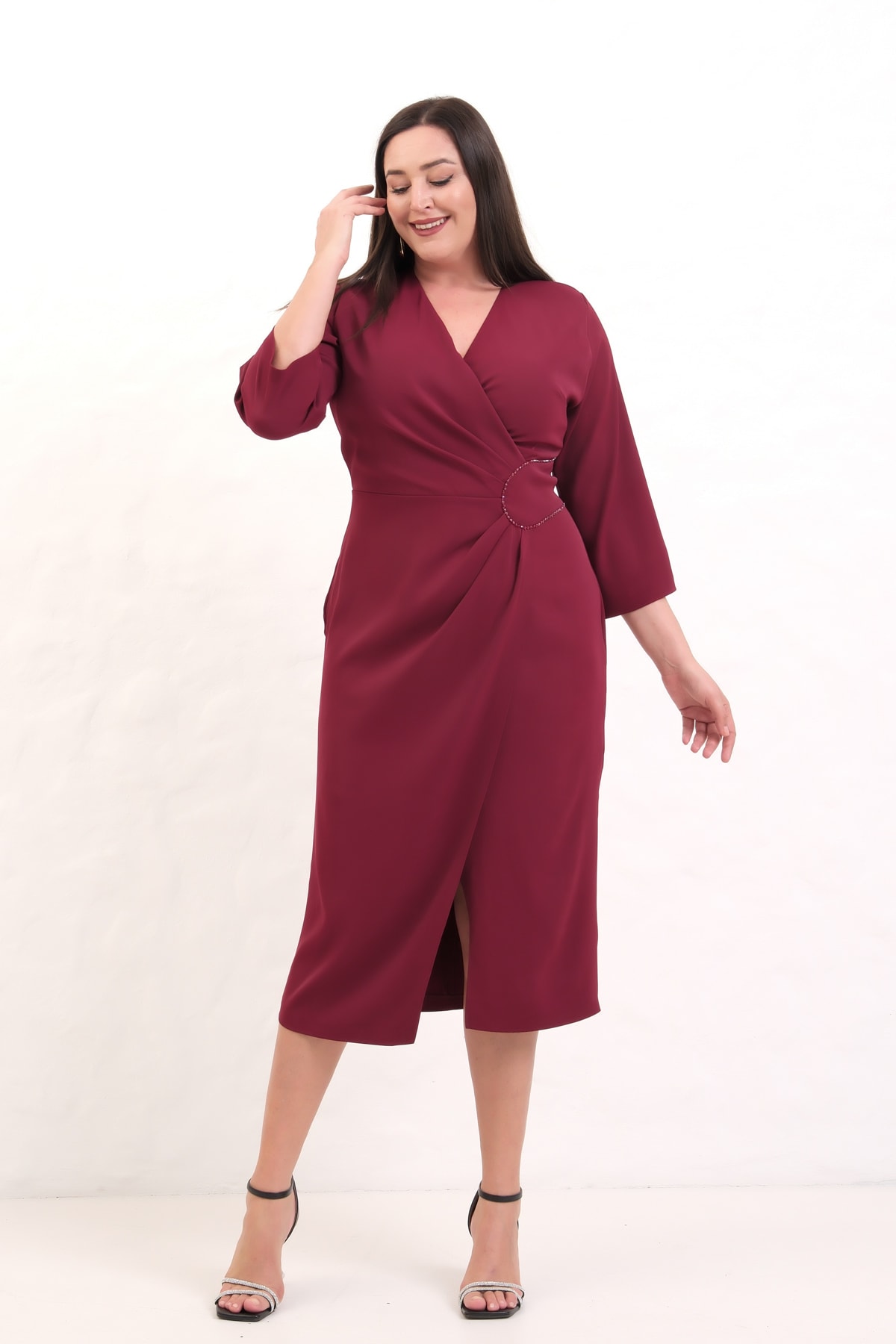 Kadın Kruvaze Yaka Boncuk İşlemeli Büyük Beden Midi Elbise - Bordo