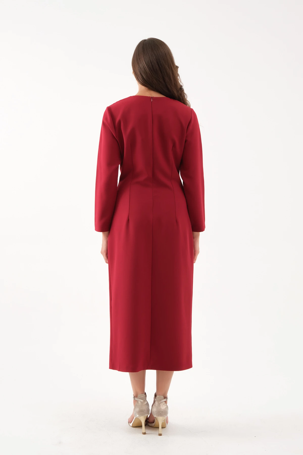 Kadın İnci Detay Midi Davet Elbisesi - Bordo