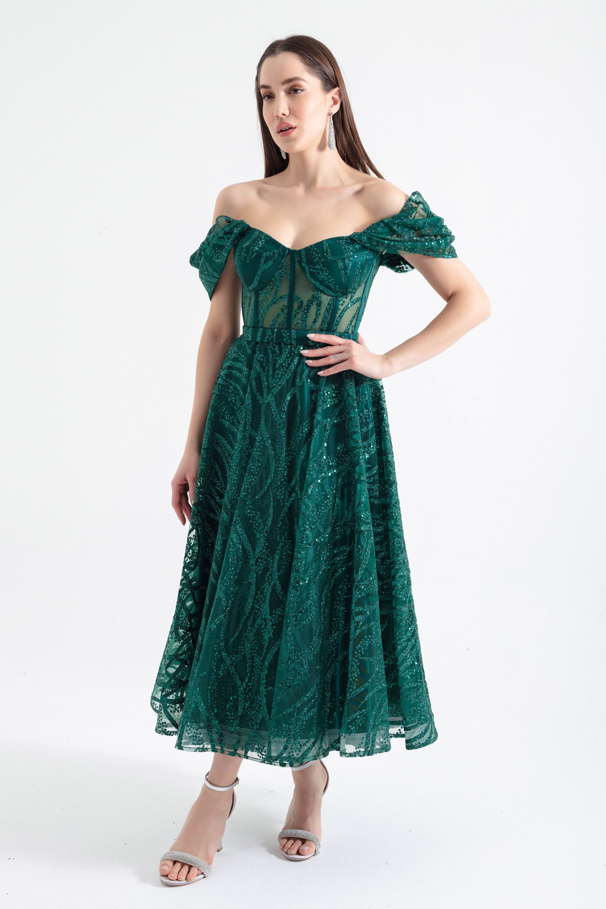Kadın Kayık Yaka Simli Midi Abiye Elbise - Zümrüt Yeşili