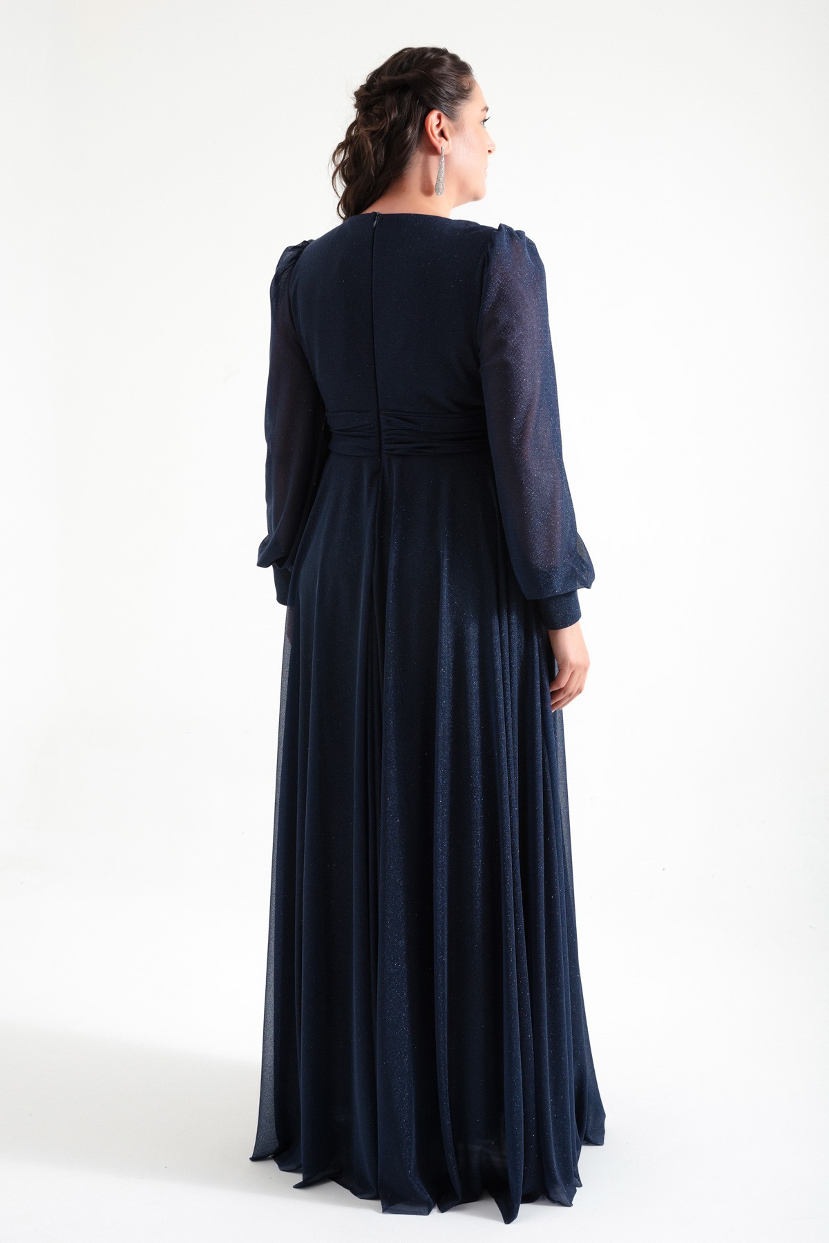 Kadın V Yaka Simli Uzun Büyük Beden Abiye Elbise - Lacivert